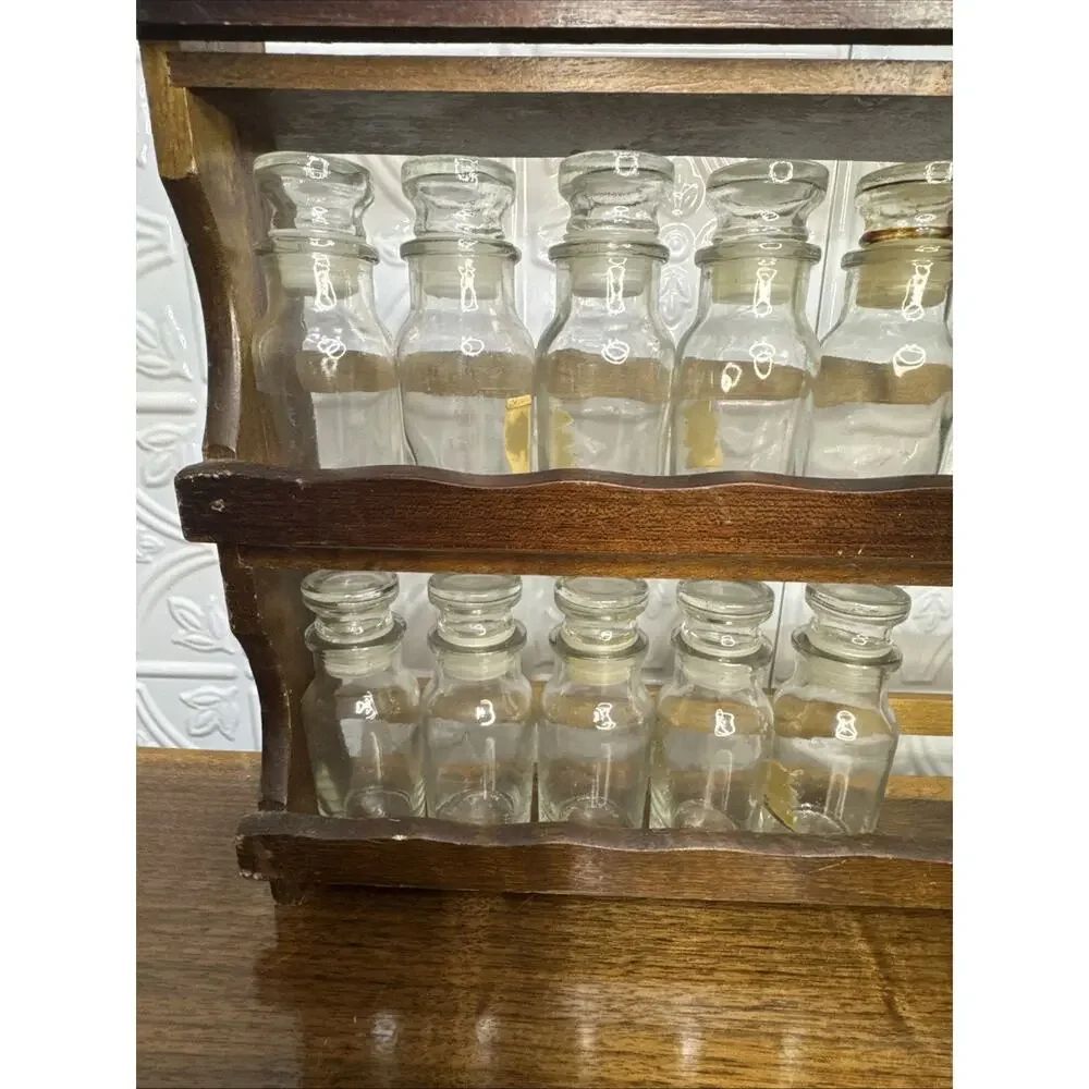 Vintage Wall Hanging Wooden Spice Rack With Glass Spice Jars